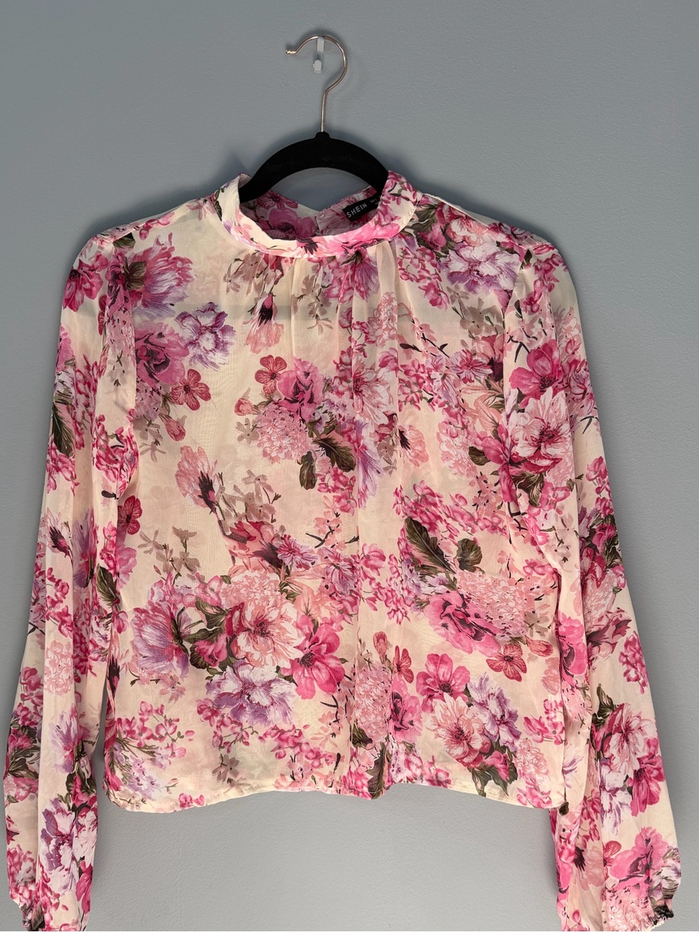 Pink Floral Mock Neck Long-Sleeve Blouse